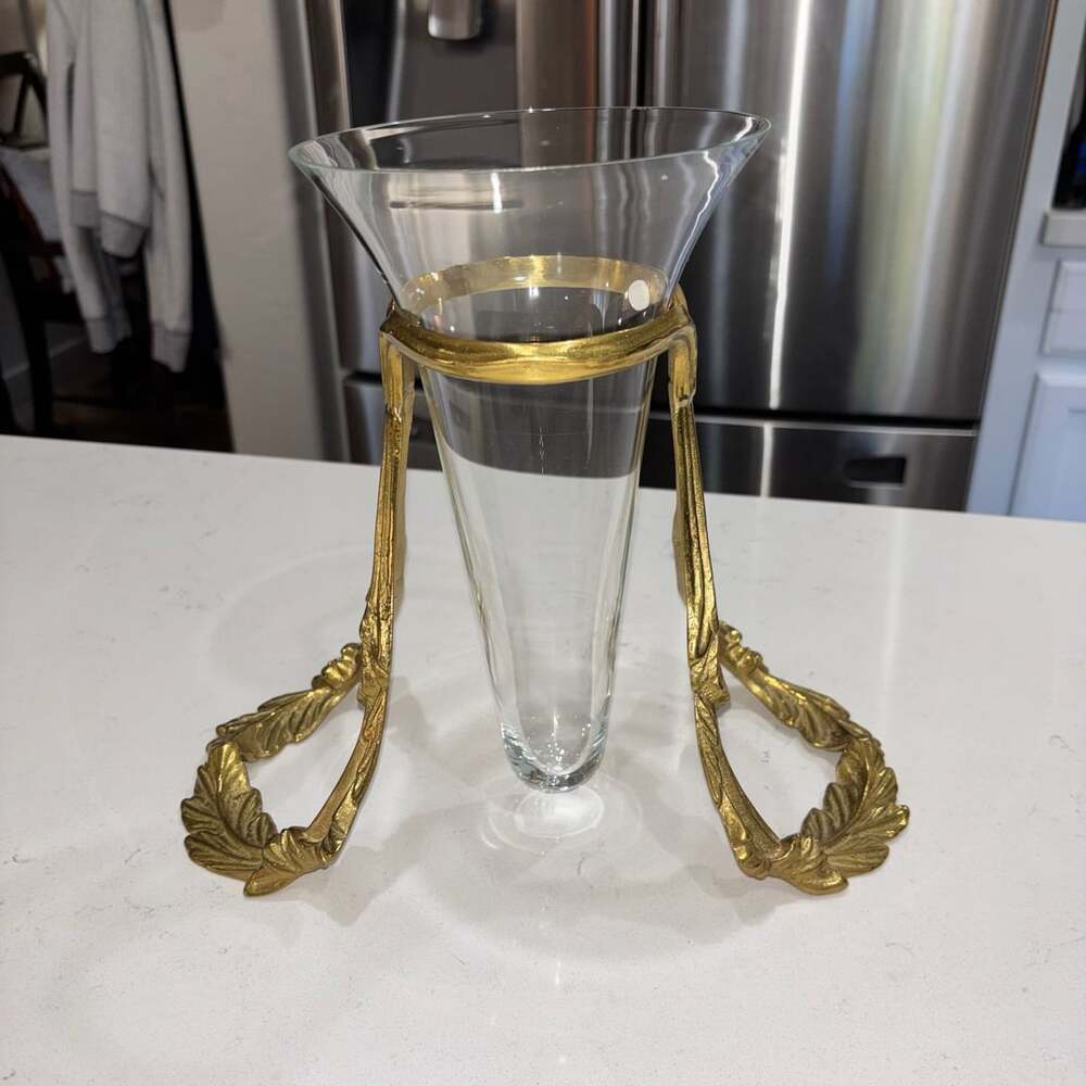 Vintage Bombay Co. Neoclassical Brass & Glass Trumpet Vase Epergne Centerpiece